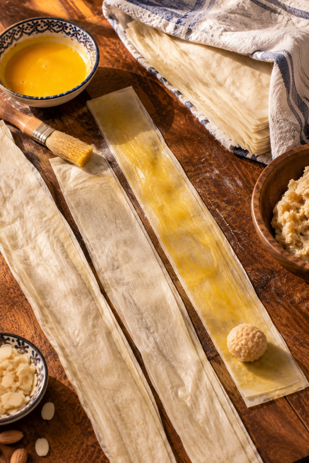 A warqa strip brushed with beaten egg yolk with a ball of almond paste placed at one end