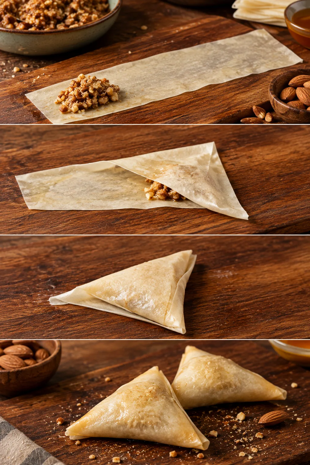 The warqa strip folded diagonally over the filling and flag-folded along its length into a sealed triangle