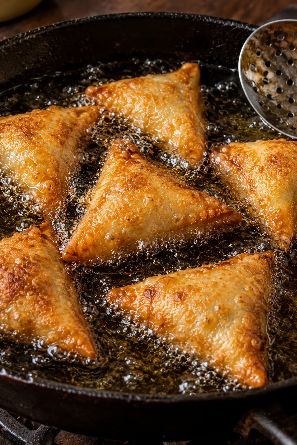 Briouates frying to deep golden in medium-hot oil in a cast iron pan