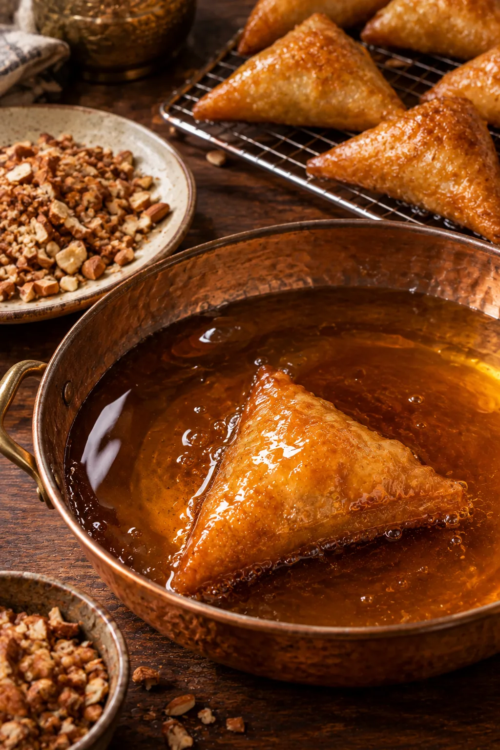A hot briouate lifted straight from the oil into a wide pan of warm honey, with chopped fried almonds ready alongside