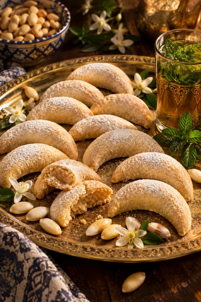 Moroccan kaab ghzal: pale crescent-shaped almond pastries dusted with icing sugar on a tea tray