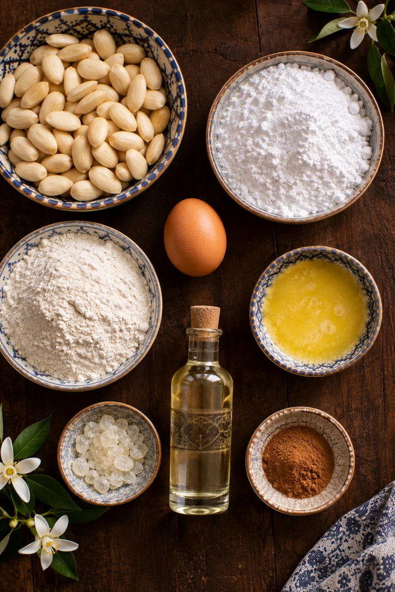 Ingredients for kaab ghzal: flour, egg, butter, blanched almonds, icing sugar, cinnamon, mastic crystals and orange blossom water