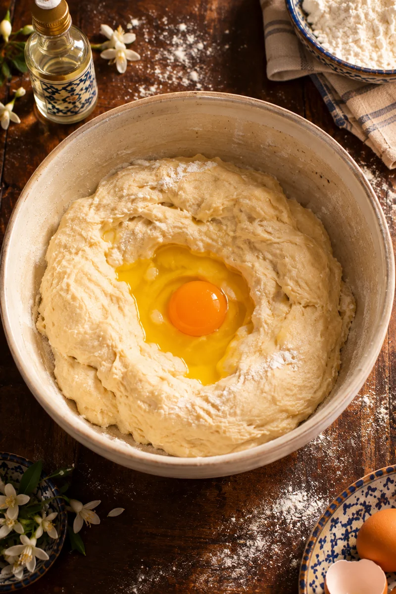 Dough worked together in a wide bowl and rolled into small balls covered with cling film