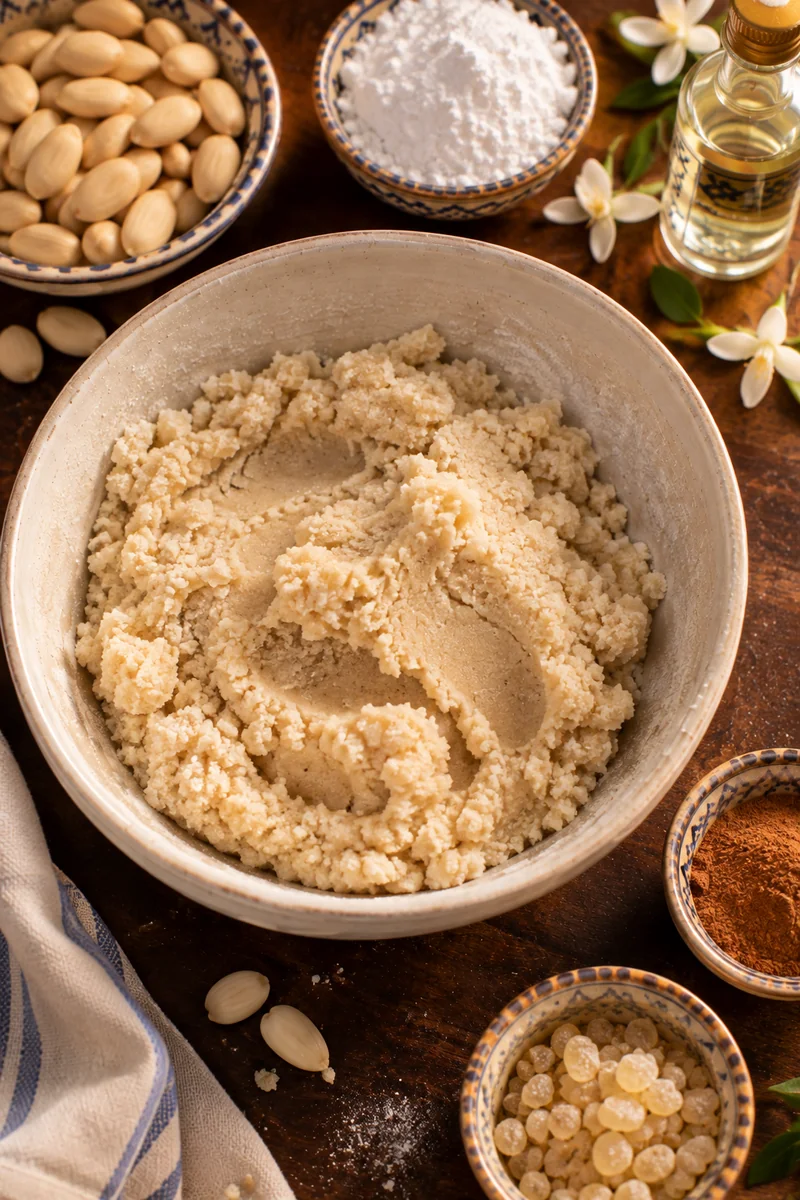 Blanched almonds ground with icing sugar, cinnamon and mastic, then worked into a paste