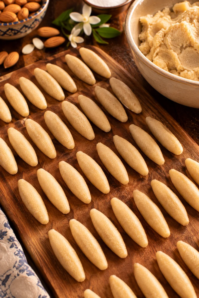 Almond paste rolled into short tapered finger shapes lined up on a tray