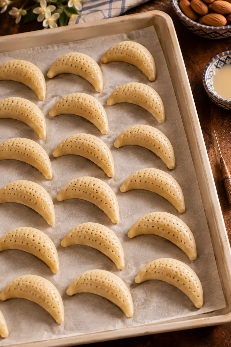 Crescents pricked with a fine needle and baked pale rather than golden