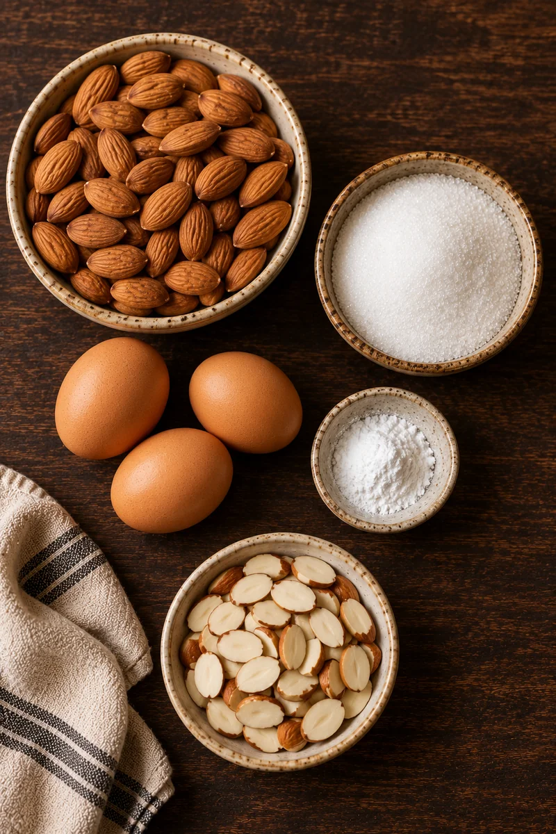 Ingredients for makroun: unpeeled almonds, granulated sugar, eggs, baking powder and whole almonds for topping