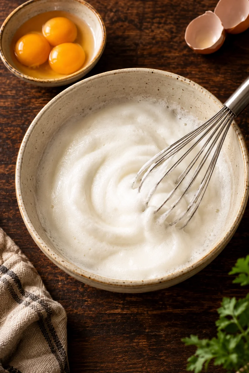 Egg whites whisked only to a light froth, not stiff peaks