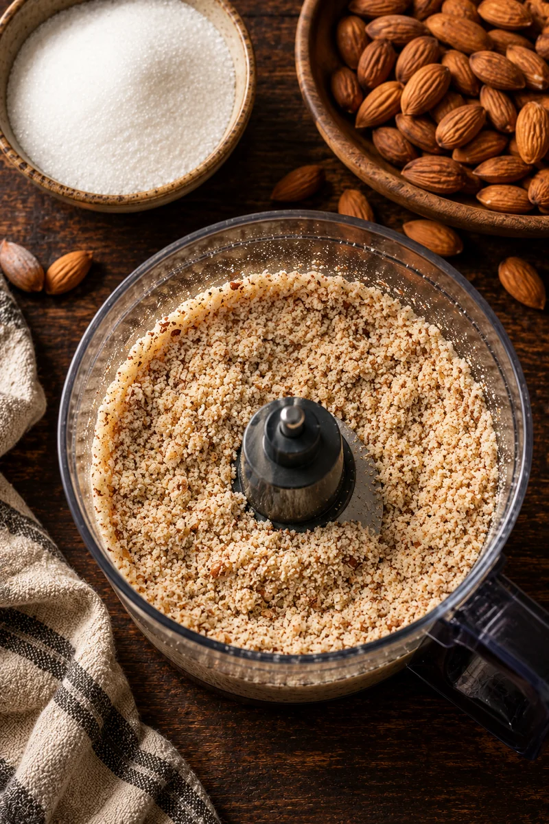 Unpeeled almonds wiped with a damp cloth and ground, then mixed with sugar, yolks and baking powder