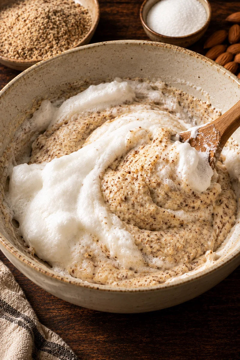 Whipped egg whites folded gradually into the almond mixture into a soft dough