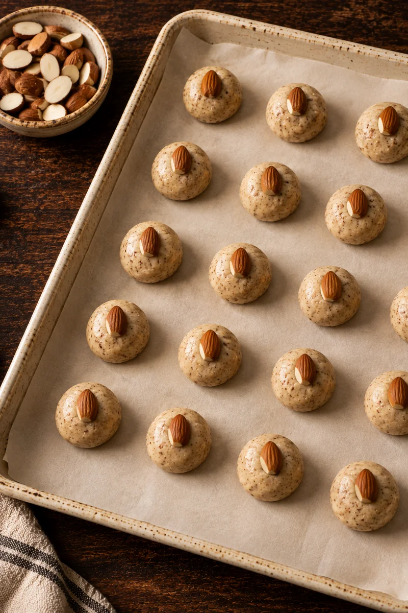 Dough rolled into balls on a lined tray with half an almond pressed into each
