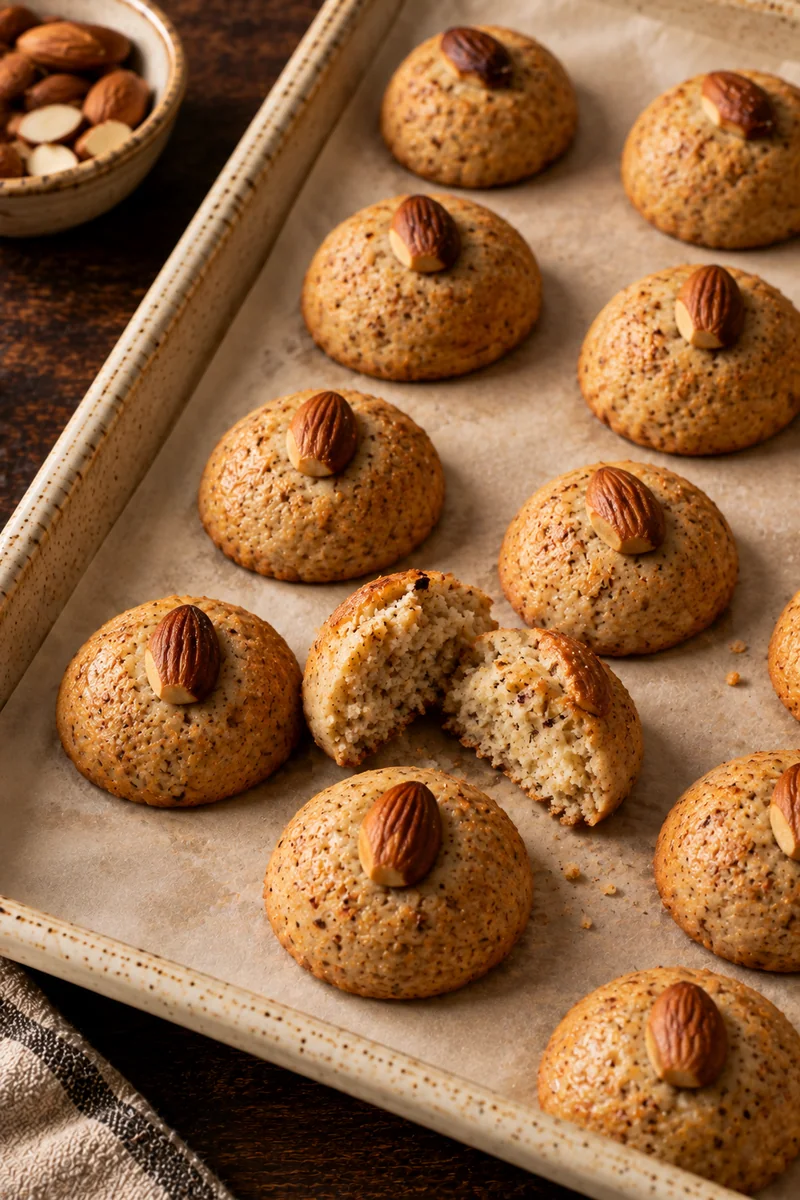 Makroun baked until set and golden around the almond on top