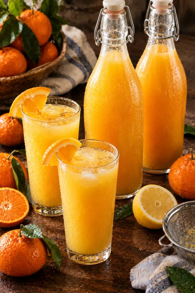 Orange and lemon juice from whole boiled fruit, poured into swing-top bottles and tall glasses over ice with tangerines and a lemon alongside