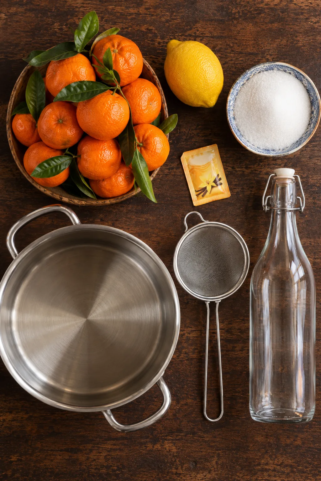 Ingredients for orange and lemon juice: tangerines, a lemon, granulated sugar, vanilla sugar, a wide pot, a fine sieve and a glass bottle