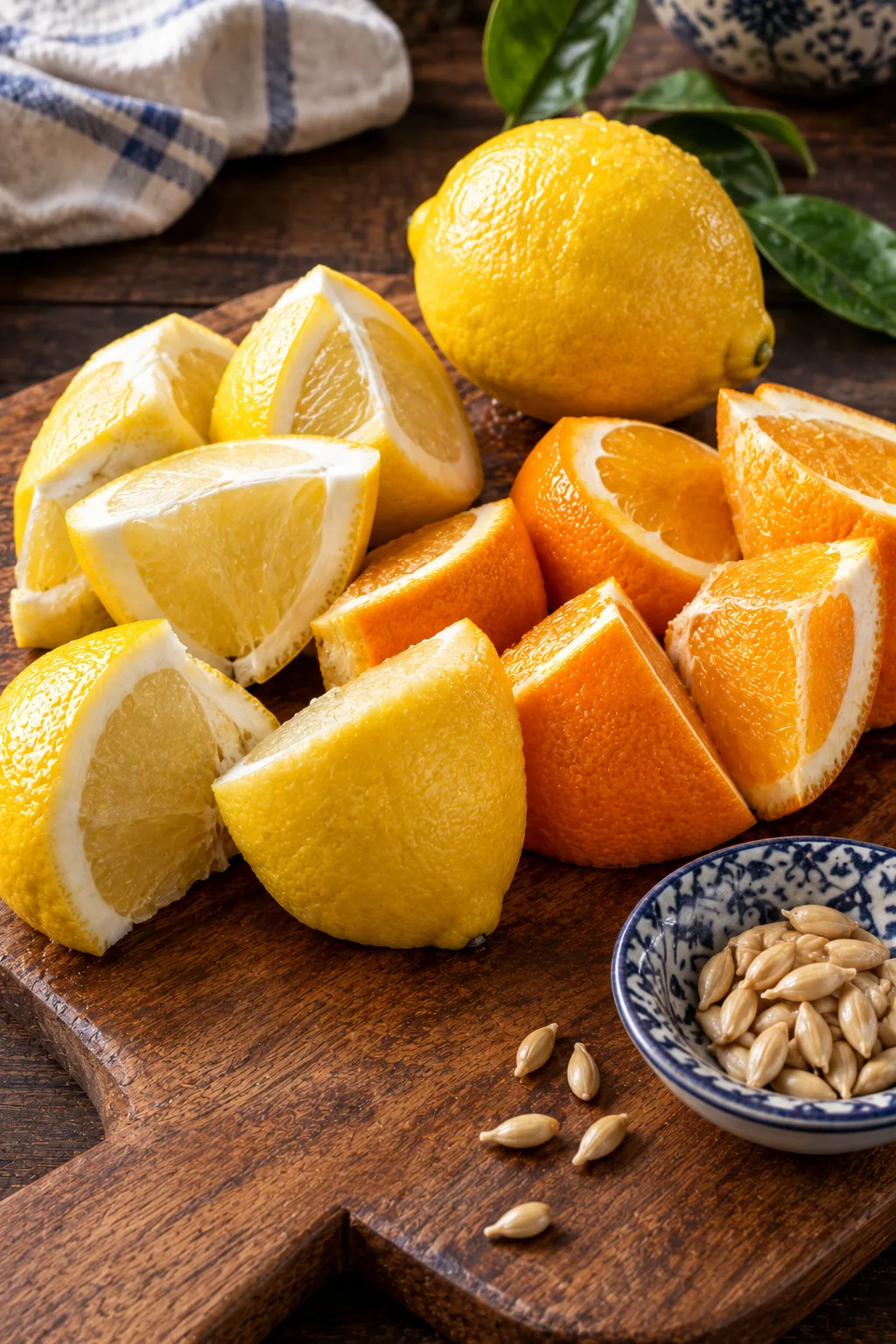 The lemon and one orange washed and cut into large pieces with the peel left on, seeds picked out