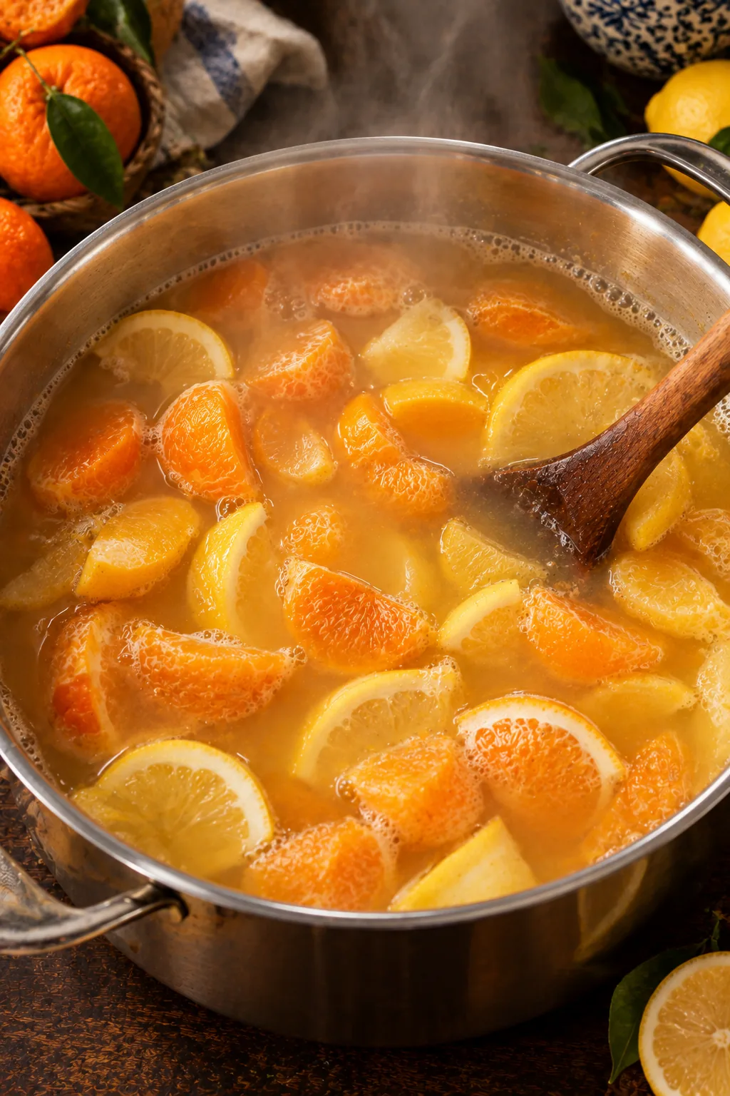All the fruit simmering gently with sugar in a wide pot for thirty minutes