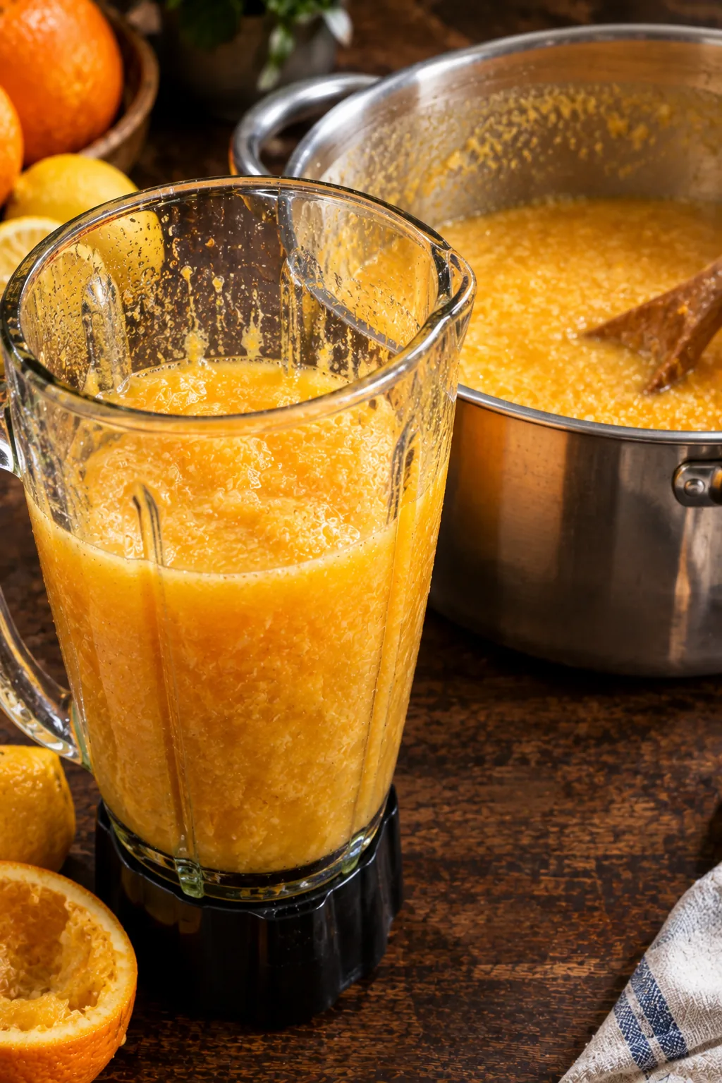 The cooled fruit and liquid blended in batches in a glass blender jug until broken down