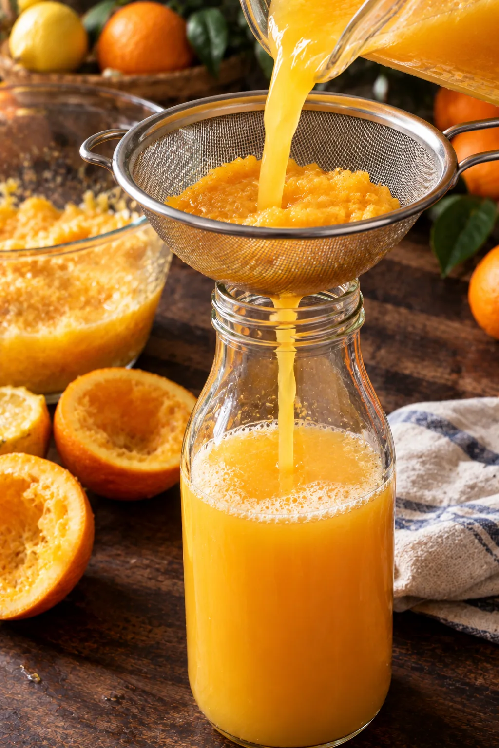 The blended mixture poured through a fine sieve into a bottle, the pulp left behind