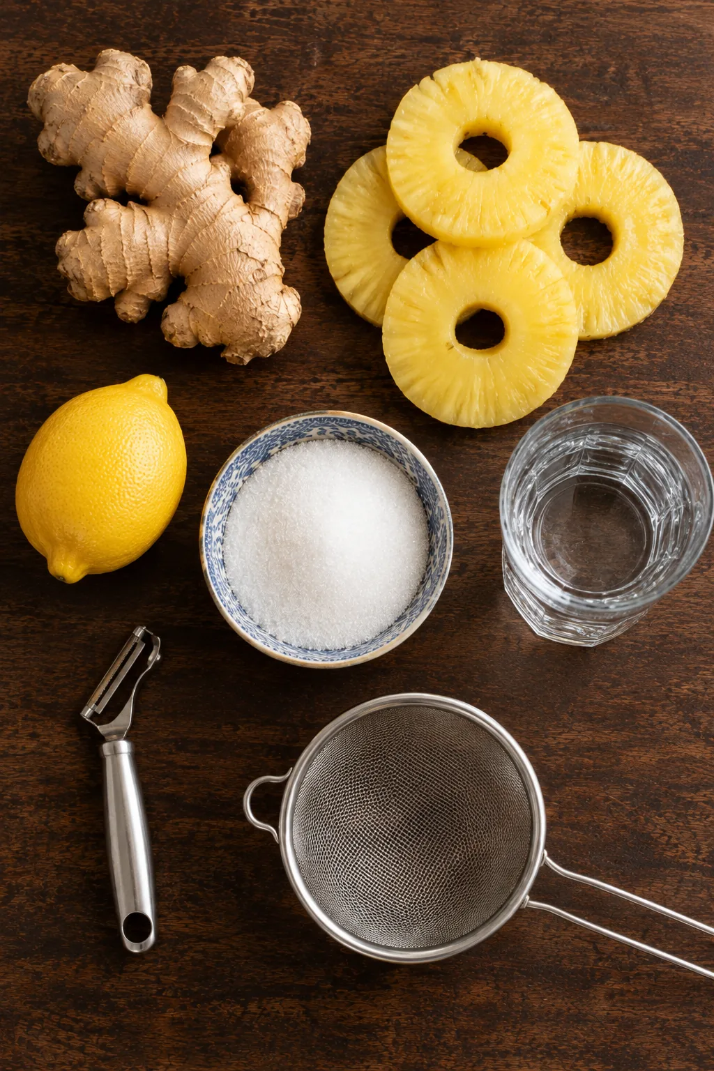 Ingredients for pineapple ginger juice: fresh ginger root, pineapple rings, a lemon, granulated sugar, a glass of water, a peeler and a fine sieve