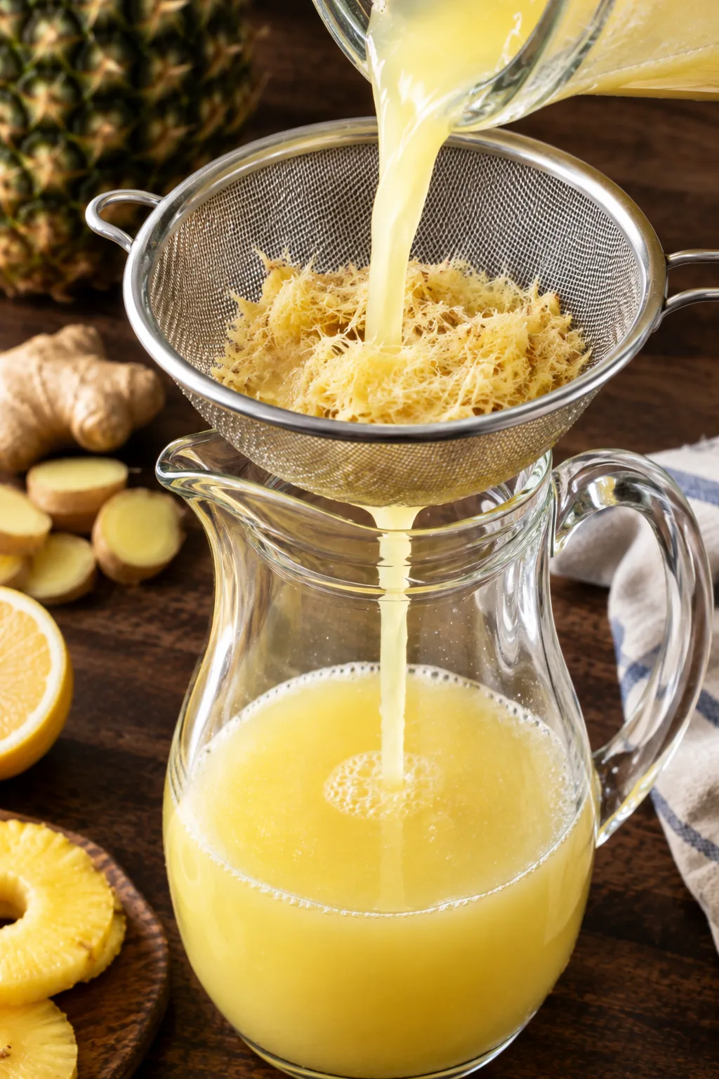 The blended juice poured through a fine sieve into a jug, the tough ginger fibres caught in the mesh