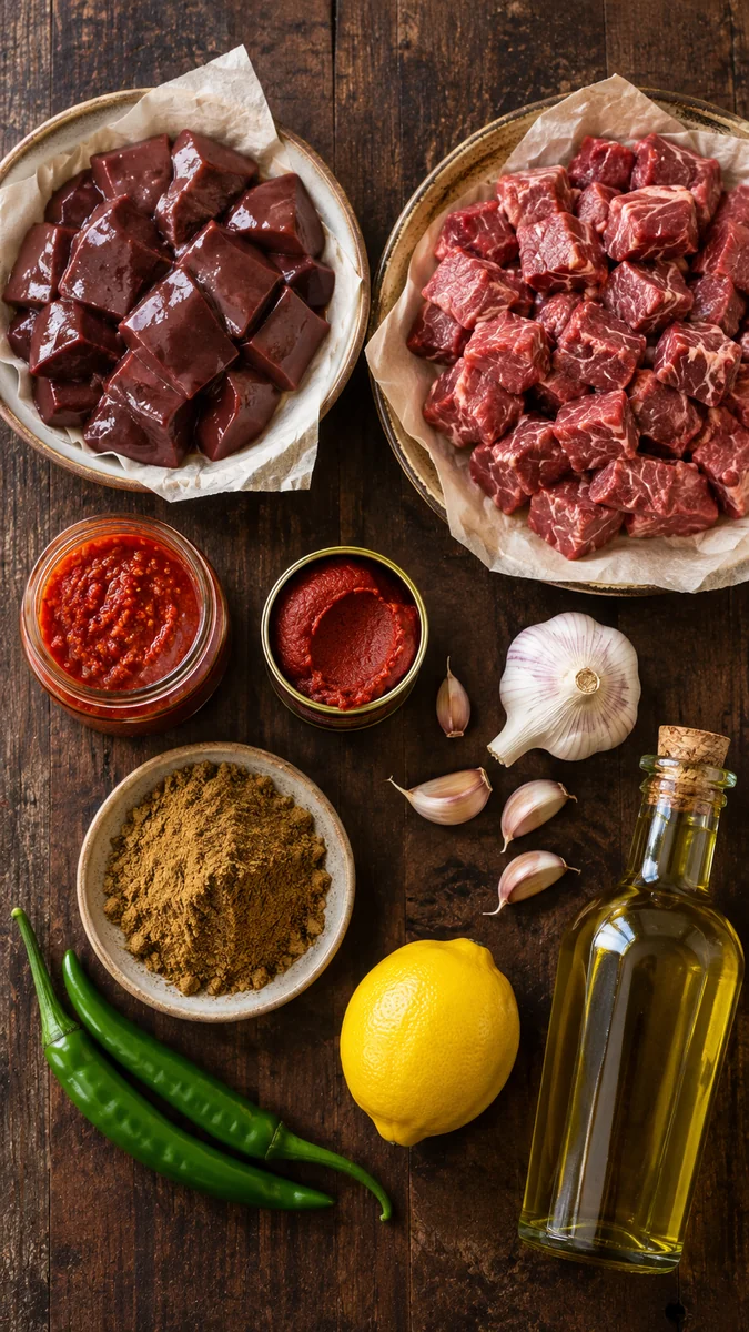 Ingredients for Tunisian kammounia: cubed beef and liver, olive oil, garlic, tomato paste, harissa, ground cumin and green chillies