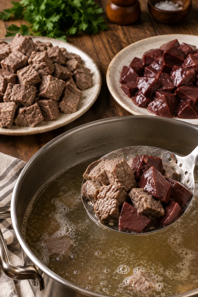 Cubed beef and liver blanched briefly in a pot of salted boiling water