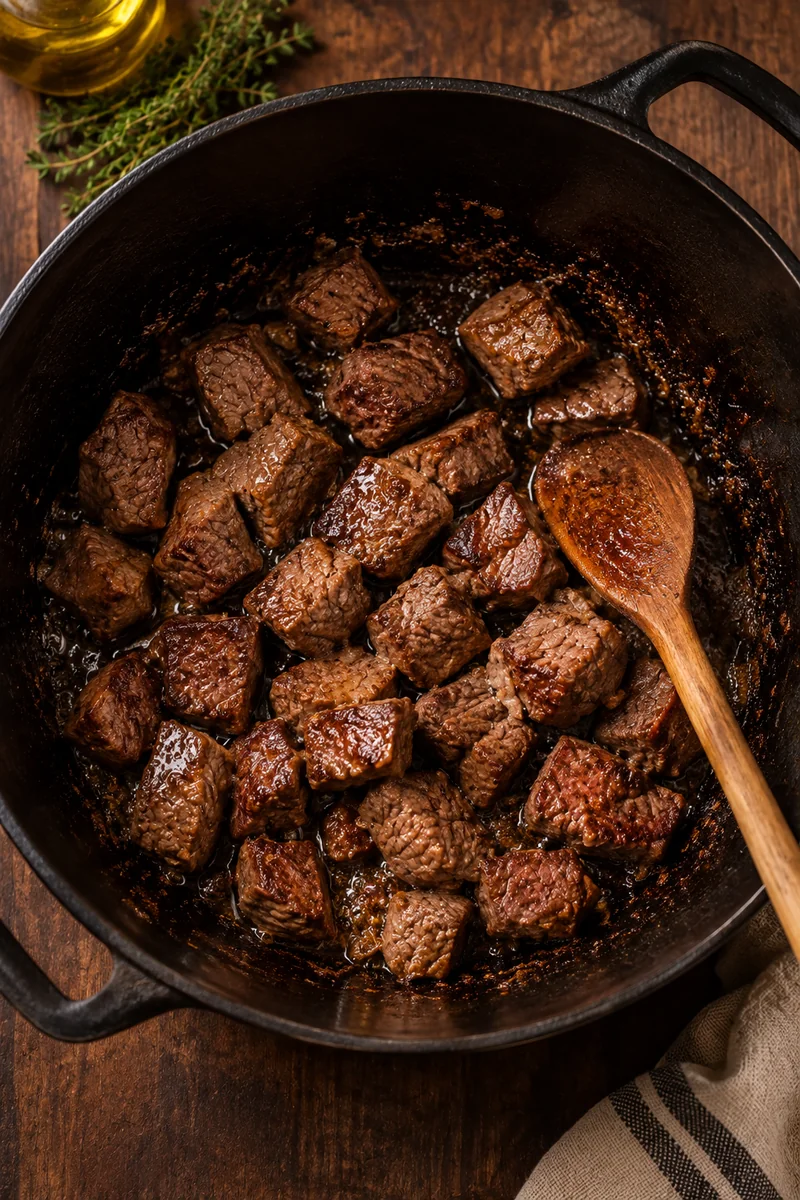 Blanched beef cubes browning in olive oil with salt and pepper in a heavy pot