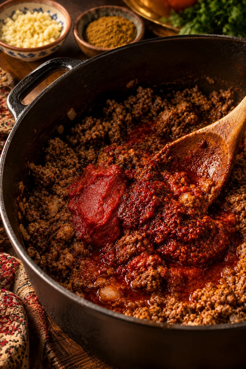Tomato paste, harissa, cumin and chopped garlic fried in the oil with the beef before the water goes in