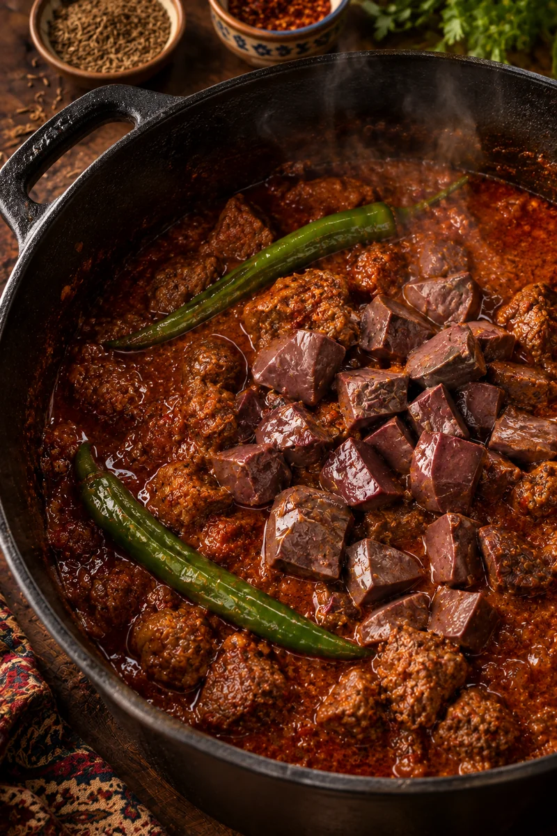 Cubed liver and whole green chillies added to the reduced red sauce near the end of cooking