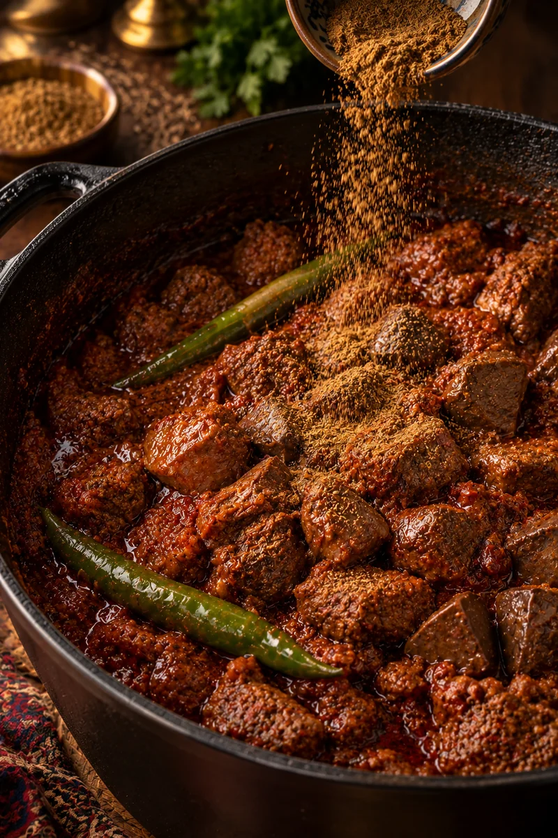 The second teaspoon of cumin stirred through the finished kammounia until the sauce is thick and glossy