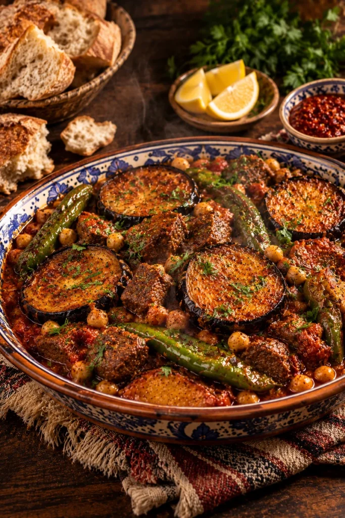 Tunisian mderbel: golden fried eggplant rounds folded into a red harissa and tomato sauce with beef