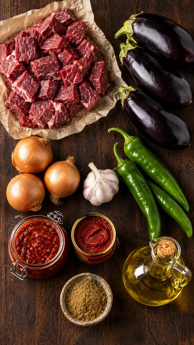 Ingredients for Tunisian mderbel: beef, onions, garlic, harissa, tomato paste, eggplants, long green peppers and olive oil