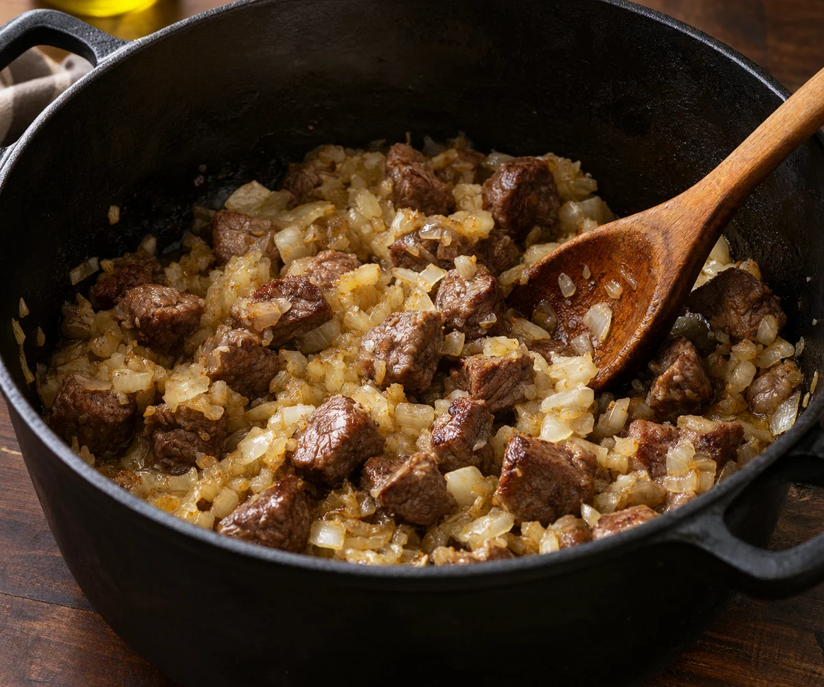 Cubed beef browning with chopped onion, salt, pepper and ground coriander in a heavy pot