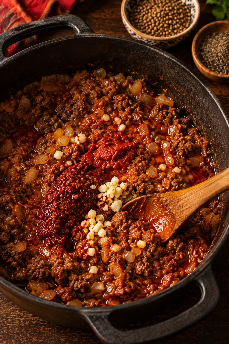 Tomato paste, harissa and garlic fried in the oil before the water goes in to build the sauce