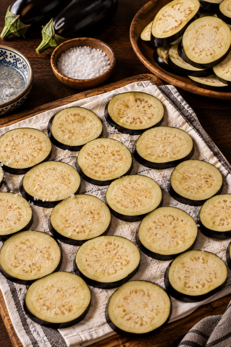 Eggplant sliced into half-inch rounds, salted and patted dry with a towel before frying