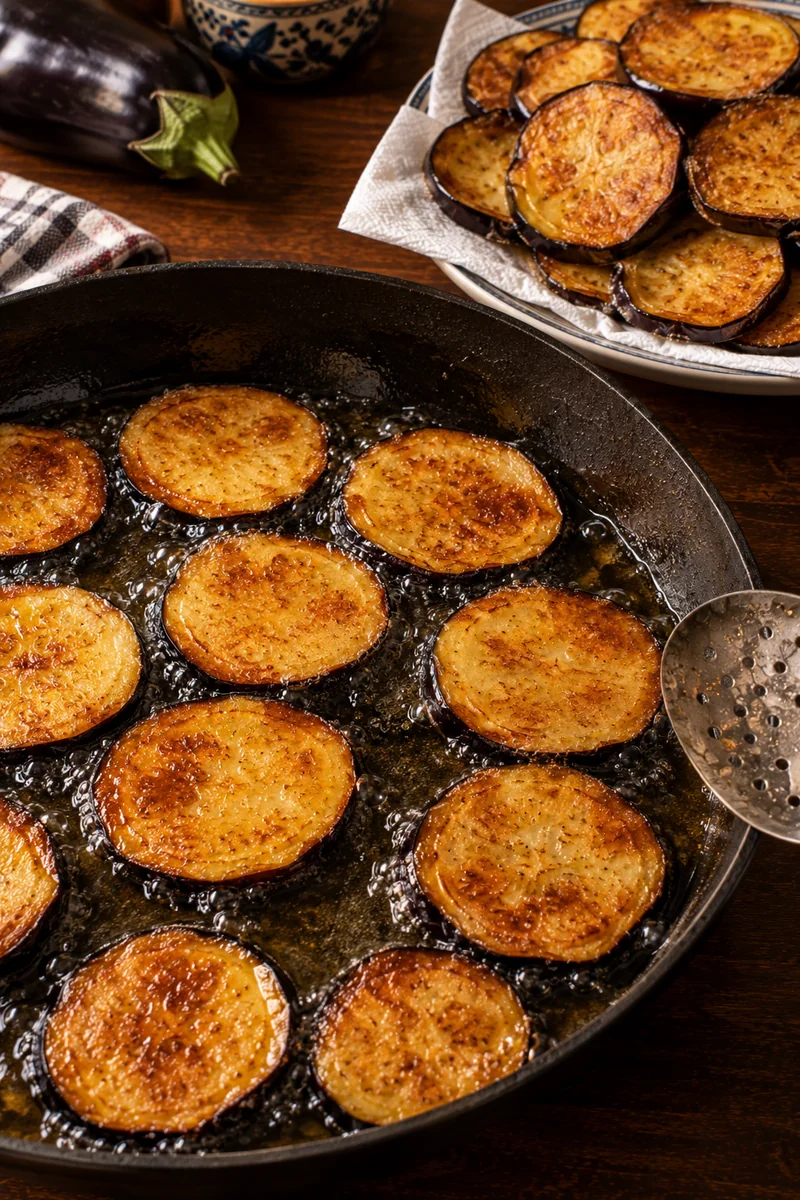 Eggplant rounds frying to deep golden in hot oil with green peppers blistering alongside