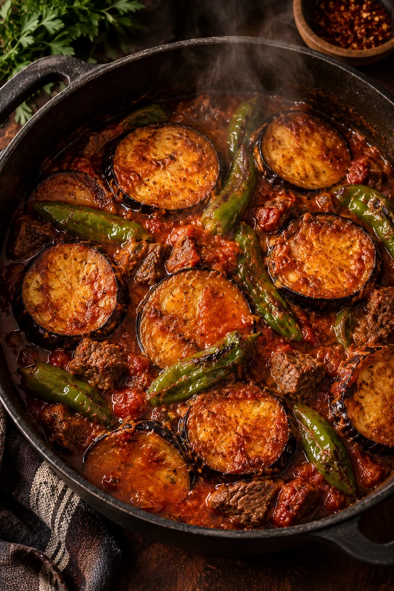 Fried eggplant rounds and peppers folded gently into the sauce for the last five minutes