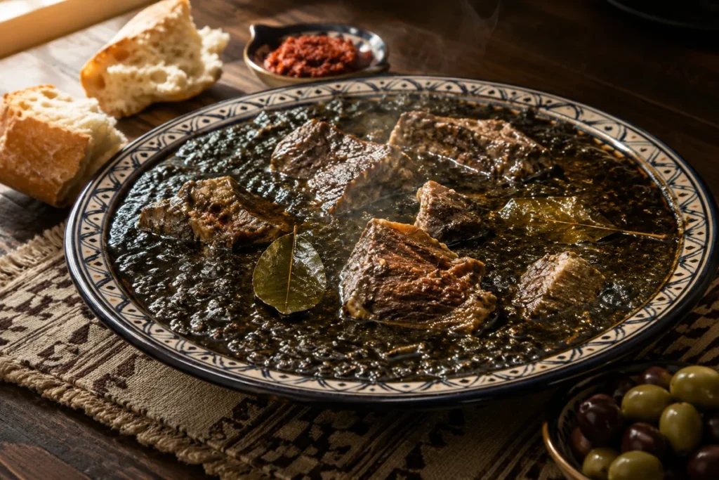 Tunisian mloukhia: dark almost-black jute leaf stew with tender veal, served with crusty bread
