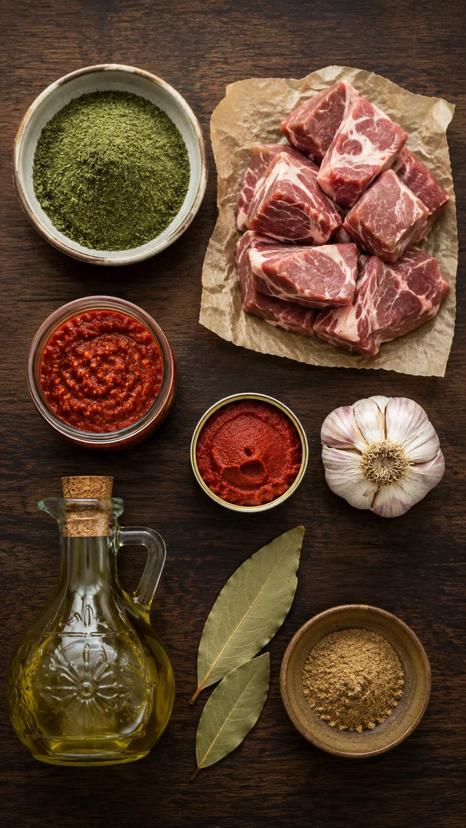 Ingredients for Tunisian mloukhia: jute leaf powder, veal on the bone, olive oil, harissa, tomato paste, a head of garlic, ground coriander and bay leaves