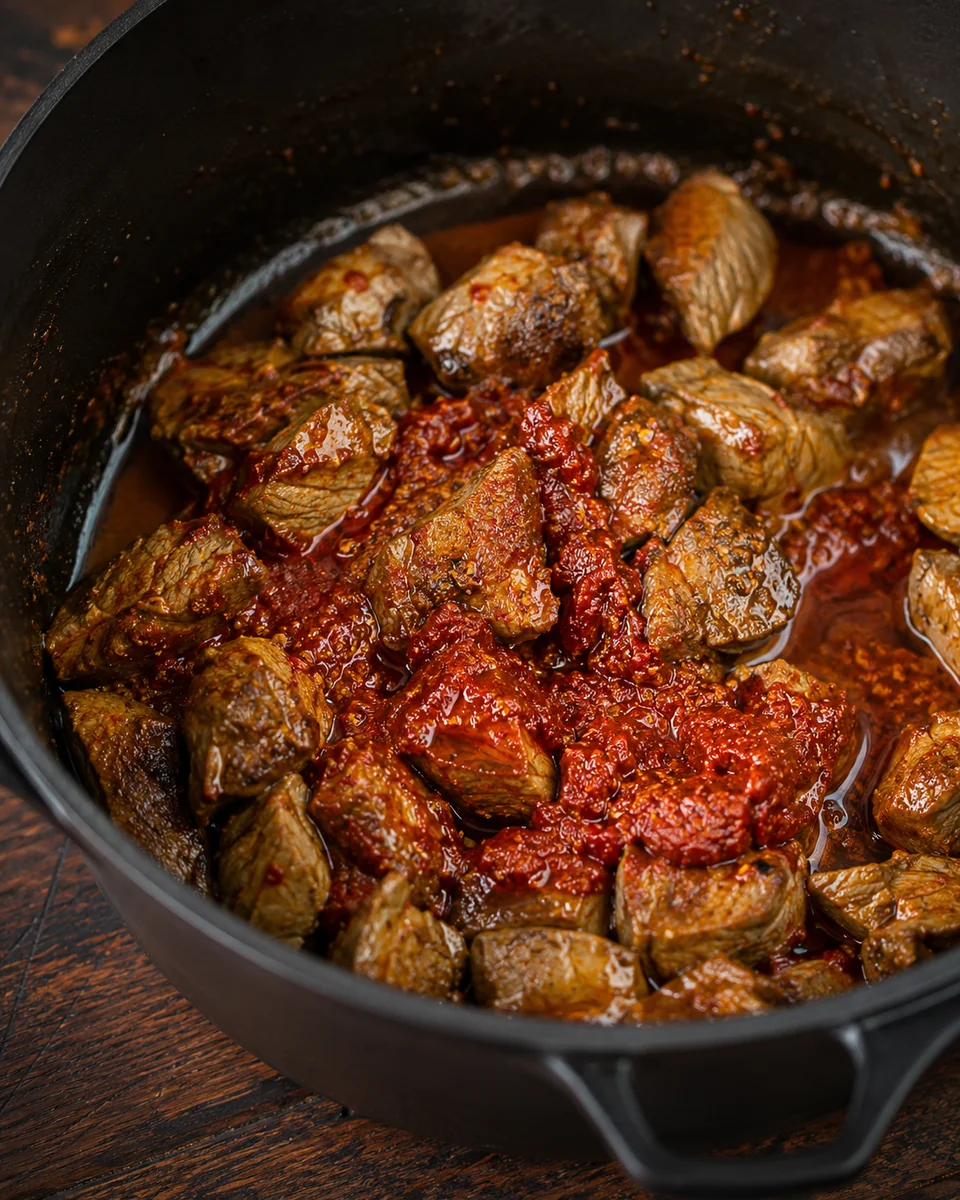 Veal browning in olive oil with harissa and tomato paste in a heavy pot