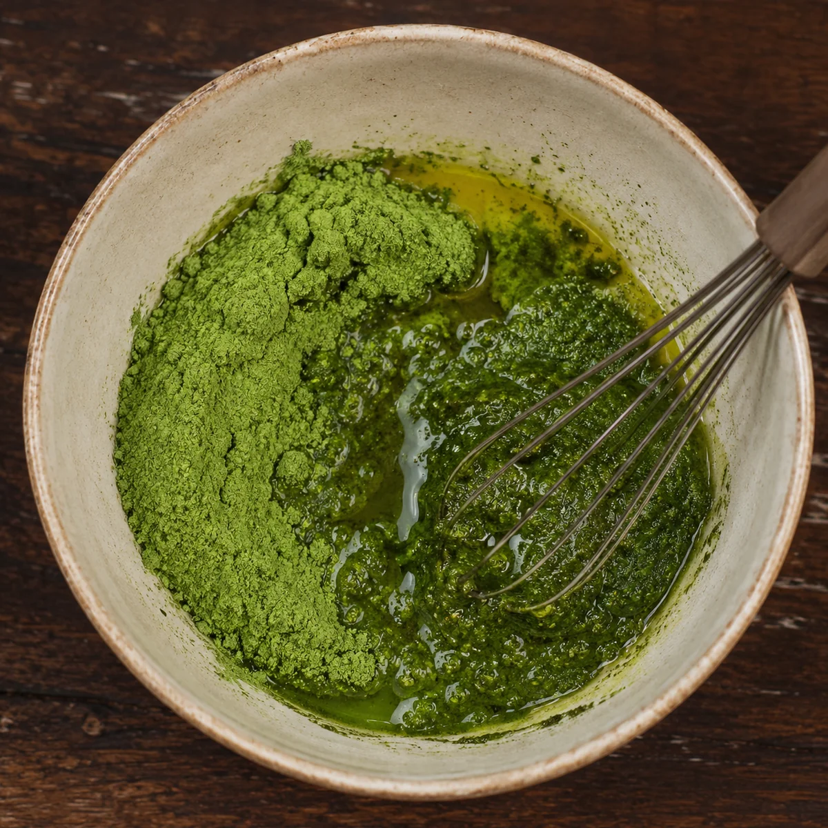 Mloukhia powder whisked with olive oil into a loose pourable paste