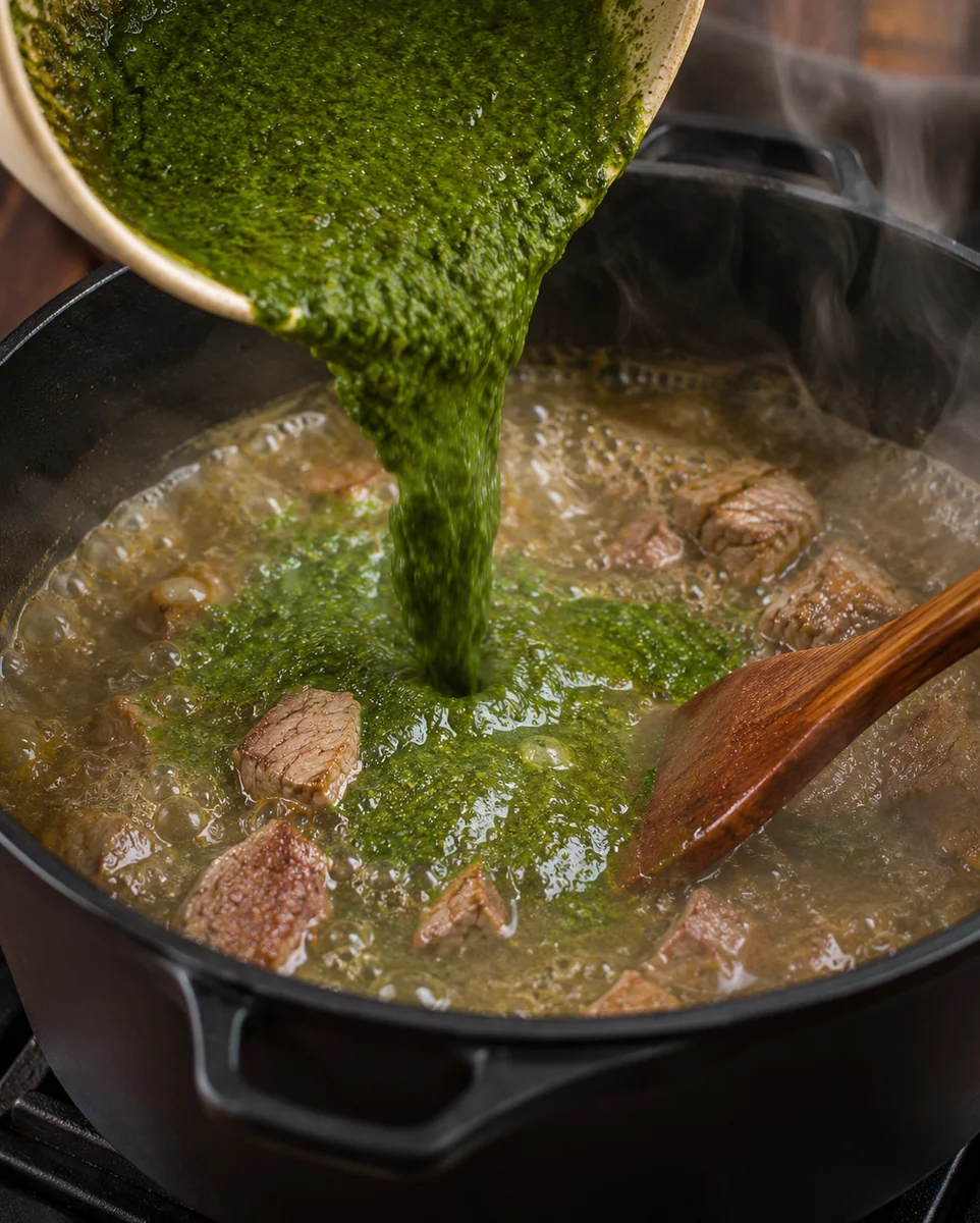 Mloukhia paste poured into the boiling pot and stirred until the liquid is uniformly green