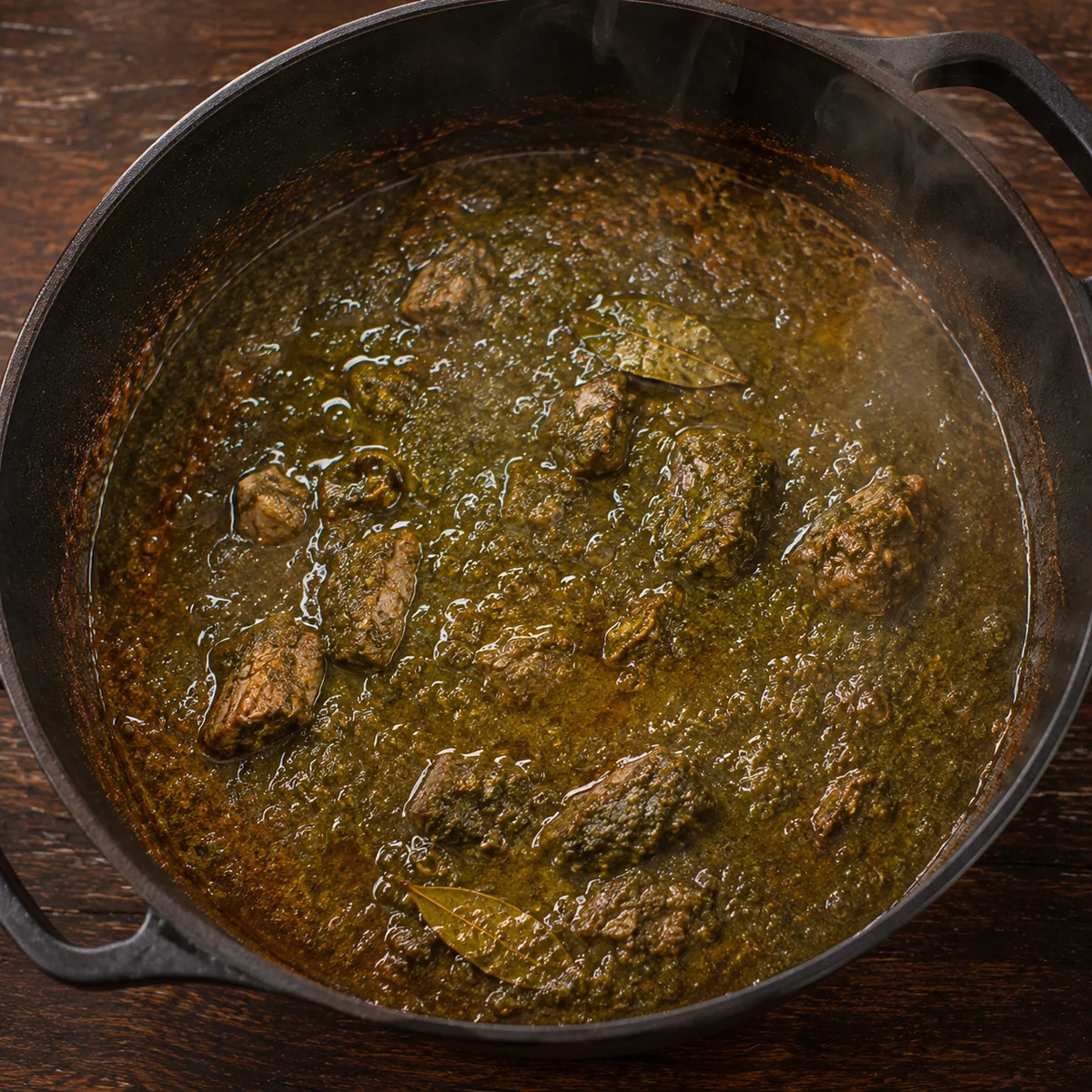 Mloukhia darkening from green through olive to deep brown-black during the long slow cook