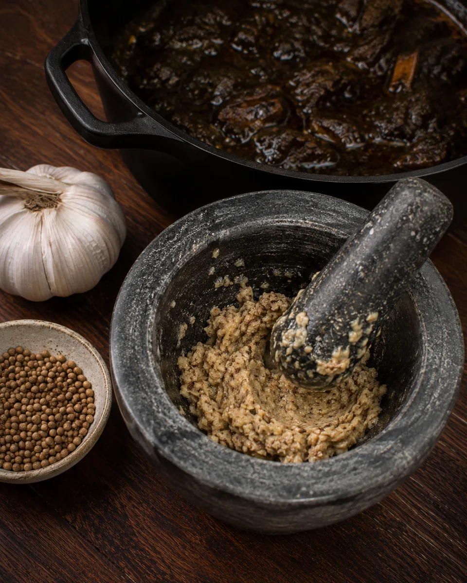 Crushed garlic and ground coriander stirred into the thick glossy dark mloukhia