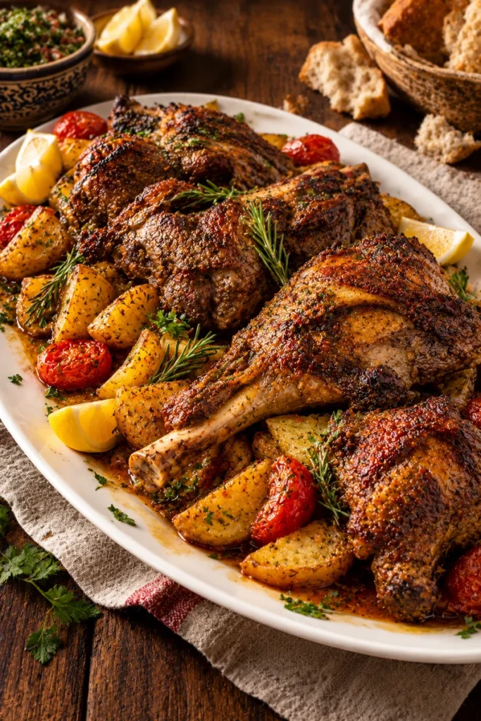 Tunisian roast lamb with saffron and rosemary, resting on golden potato wedges in one roasting pan