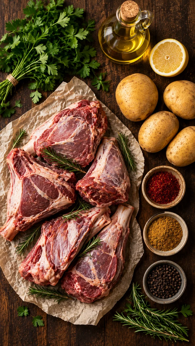 Ingredients for Tunisian roast lamb: lamb leg pieces, saffron threads, lemon, cumin, olive oil, potatoes, rosemary and tomatoes