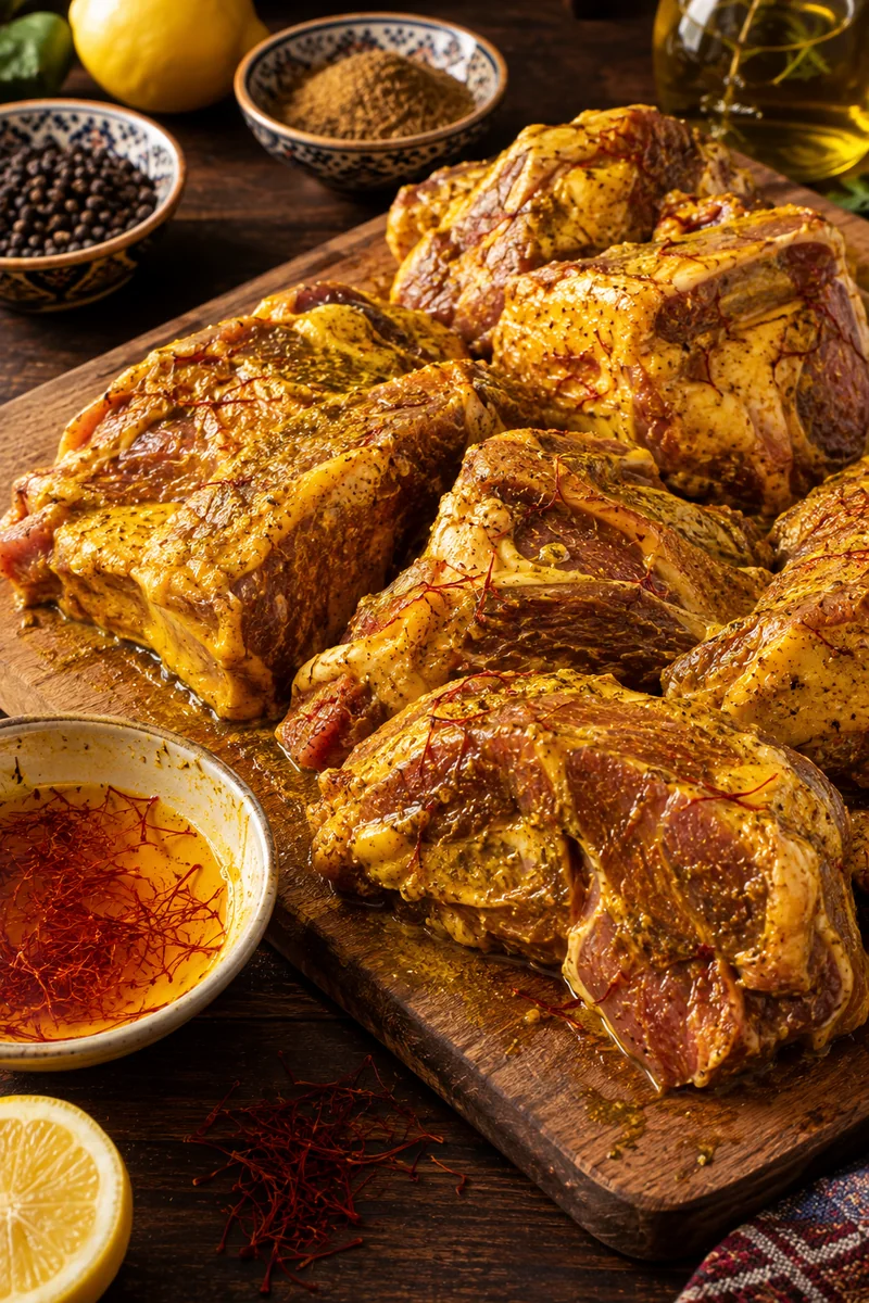 Lamb pieces rubbed with saffron soaked in lemon juice, cumin, salt, pepper and olive oil