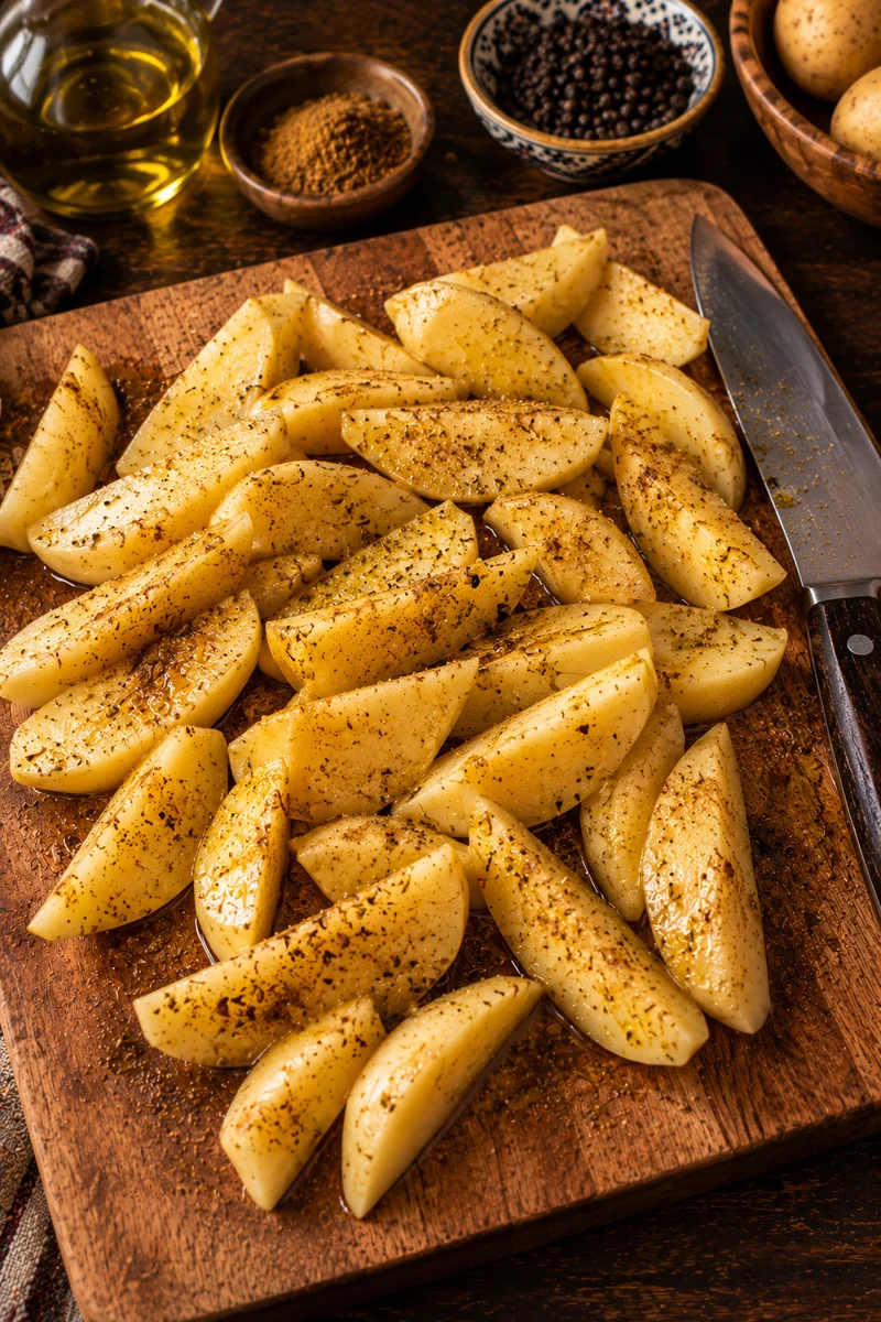 Peeled potatoes cut lengthwise into thick wedges and tossed with cumin, salt and olive oil