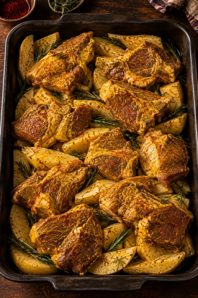 Rosemary scattered in the roasting pan under a single layer of potato wedges with the marinated lamb laid on top