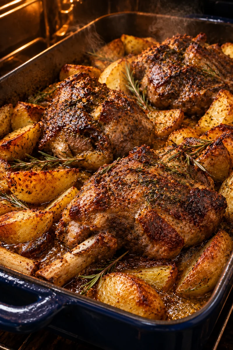 Hot water poured around the potatoes and the pan roasting until the lamb is browned and the potatoes golden